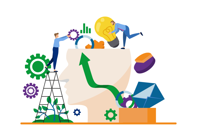 Deux chefs d'entreprise placent des idées dans une tête géante : la collaboration est une valeur forte du réseau LEAD.