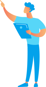 Personnage le doigt levé, un bloc note dans la main.